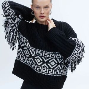 H&M Fringe-Trimmed Relaxed-Fit Chunky Jacquard Knit Sweater